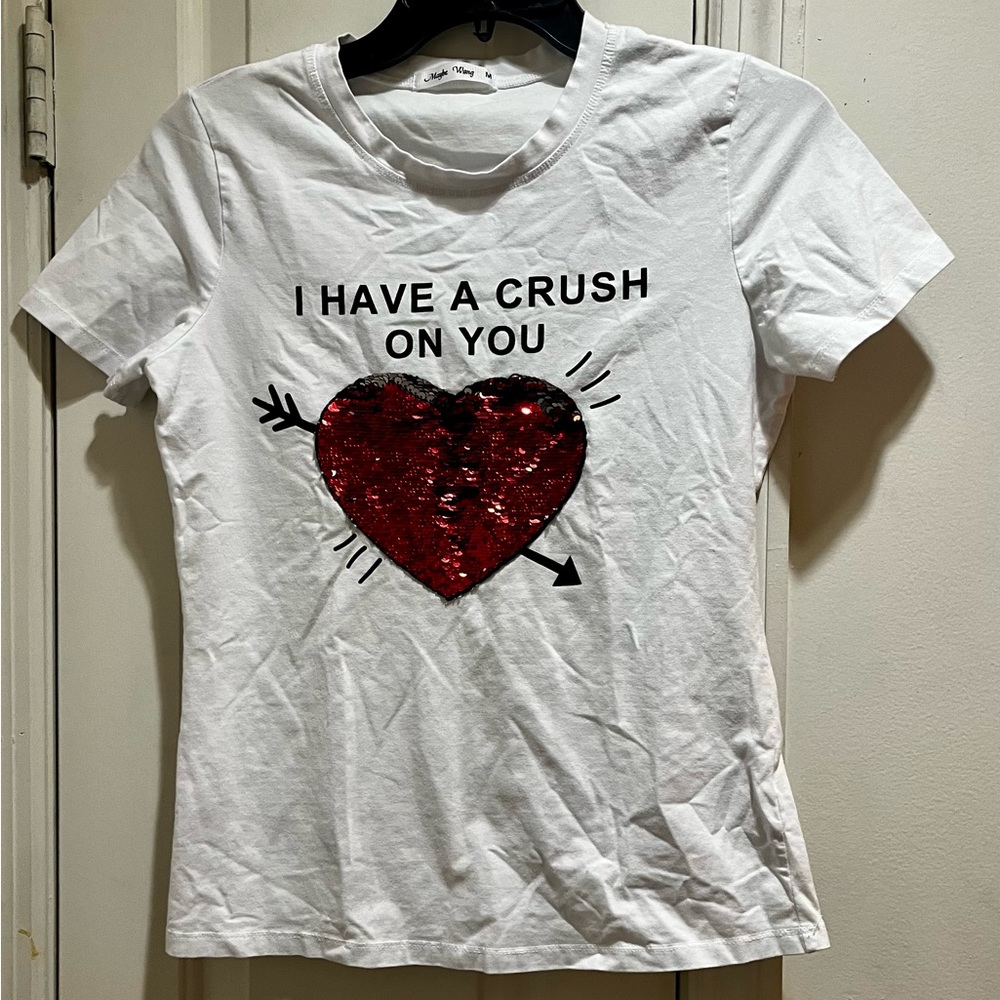 Maybe Wang I have a Crush on You White T-Shirt with Red Sequin Heart